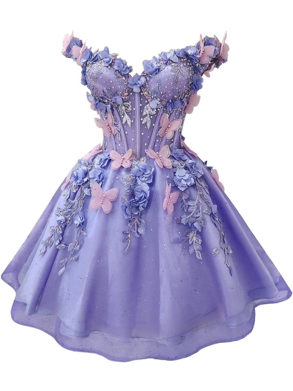 Lavender Floral Appliqué Midi Dress with Butterfly Details